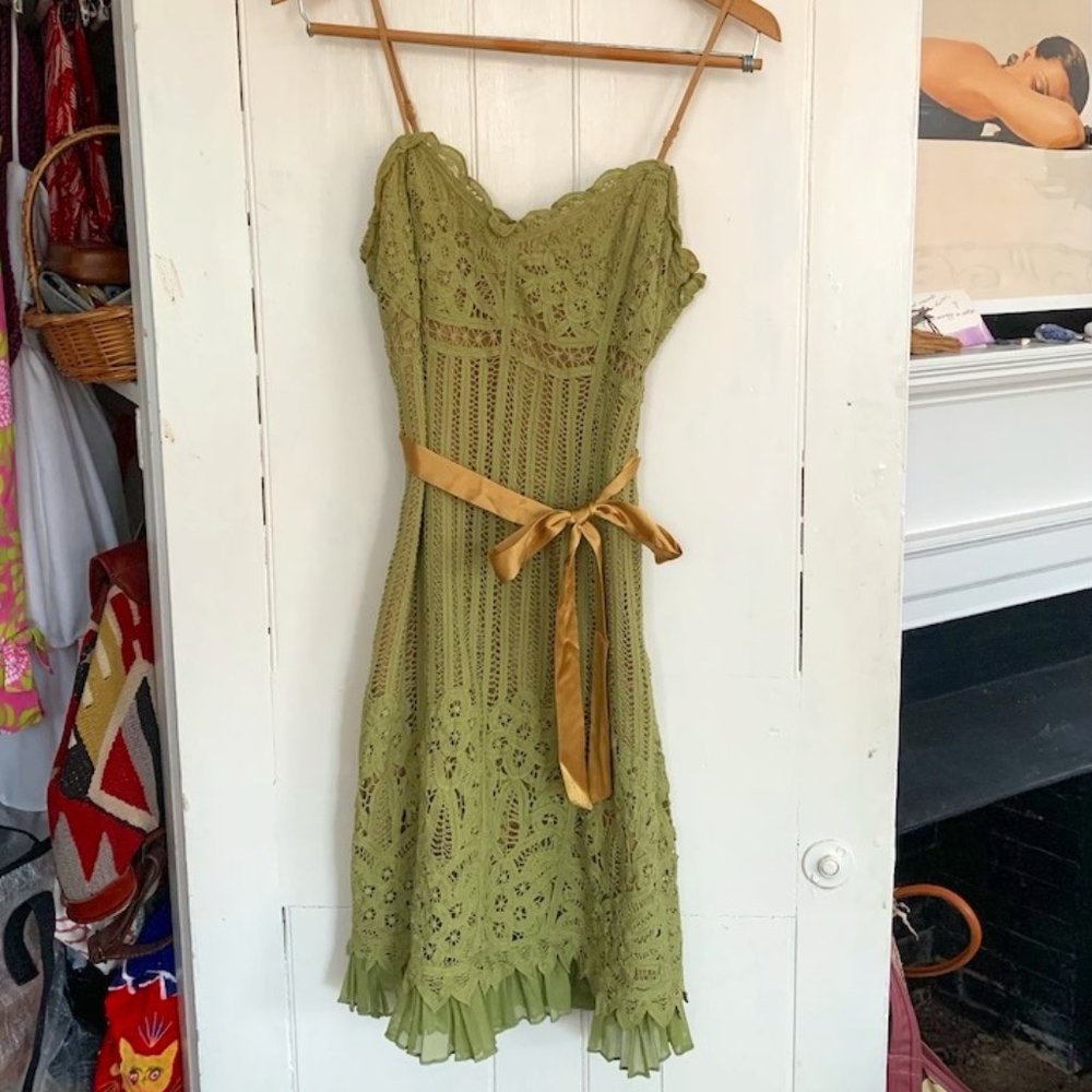 Betsey Johnson Olive Green Crochet Lace Spaghetti Strap Dress with Gold Ribbon